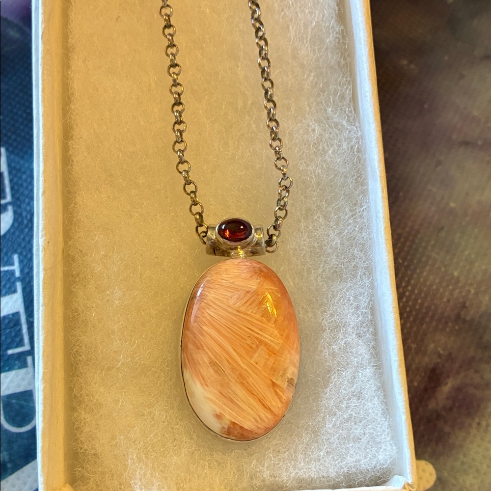 Gorgeous Vintage Sterling Silver Necklace with Orange Stone and Garnet Pendant
